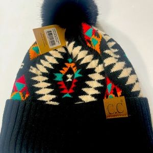 C.C Aztec Pattern Hat With Soft Faux Fur Pom, Black